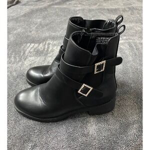 Elditas Stella Black Rhinestone Buckle‎ Moto Ankle Boots Lug Sole Womens 7.5 M